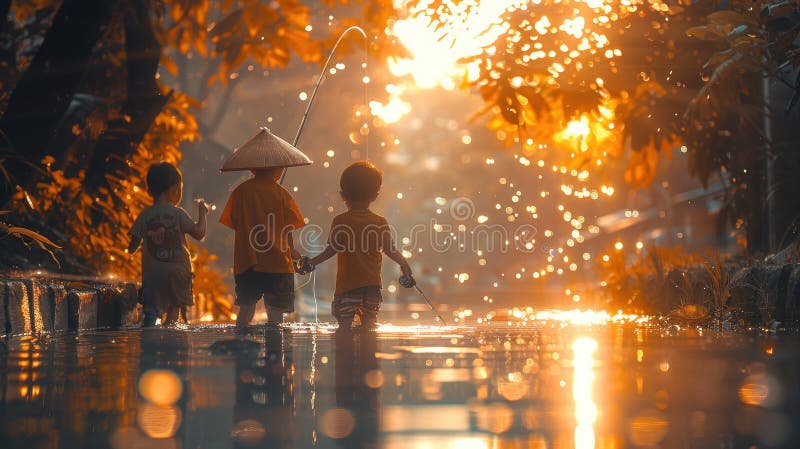 用棍子在乡村街道上钓鱼的男孩 向量例证