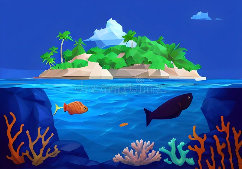 This stunning illustration portrays an idyllic tropical island paradise, complete with swaying palm trees, a brilliant blue sky, and fluffy white clouds. Meanwhile, the vibrant coral formations, exotic fish, and fascinating rock formations of the underwater world below add to the stunning beauty of the scene, producing a perfect balance and harmony between the two worlds. This stunning illustration portrays an idyllic tropical island paradise, complete with swaying palm trees, a brilliant blue sky, and fluffy white clouds. Meanwhile, the vibrant coral formations, exotic fish, and fascinating rock formations of the underwater world below add to the stunning beauty of the scene, producing a perfect balance and harmony between the two worlds.