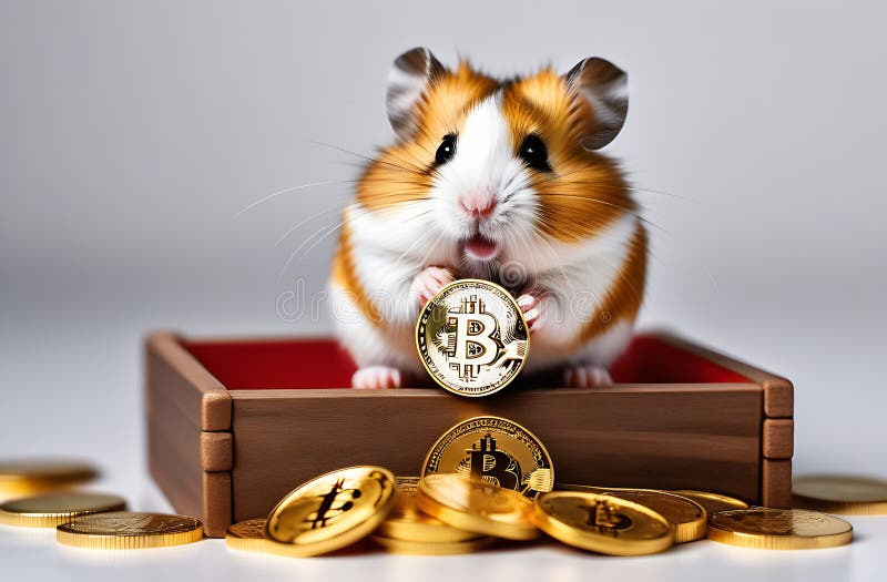 用比特币金币坐在小猪存钱罐里的仓鼠肖像 库存例证