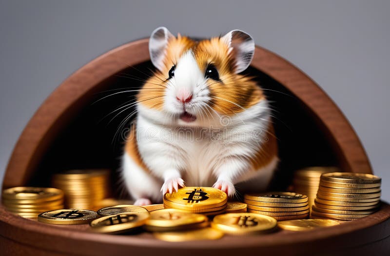 用比特币金币坐在小猪存钱罐里的仓鼠肖像 库存例证