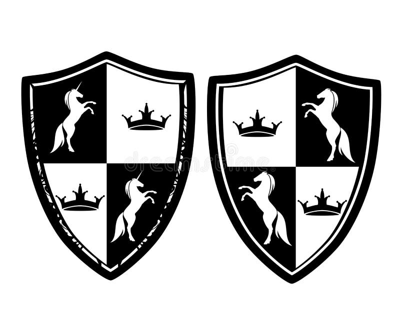 Medieval style escutcheon  with rearing up horses and unicorns in quarters and crown charges -  rampant animals with heraldic shield black and white vector design. Medieval style escutcheon  with rearing up horses and unicorns in quarters and crown charges -  rampant animals with heraldic shield black and white vector design