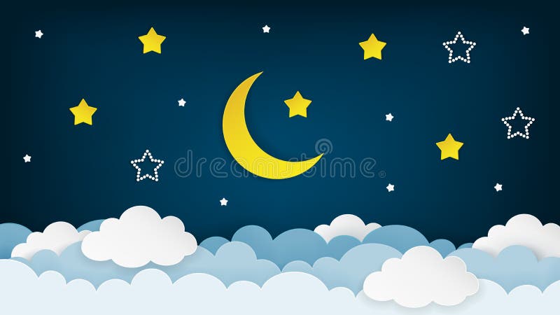 甲晕、星和云彩在黑暗的夜空背景 纸艺术 夜场面背景 向量 库存例证