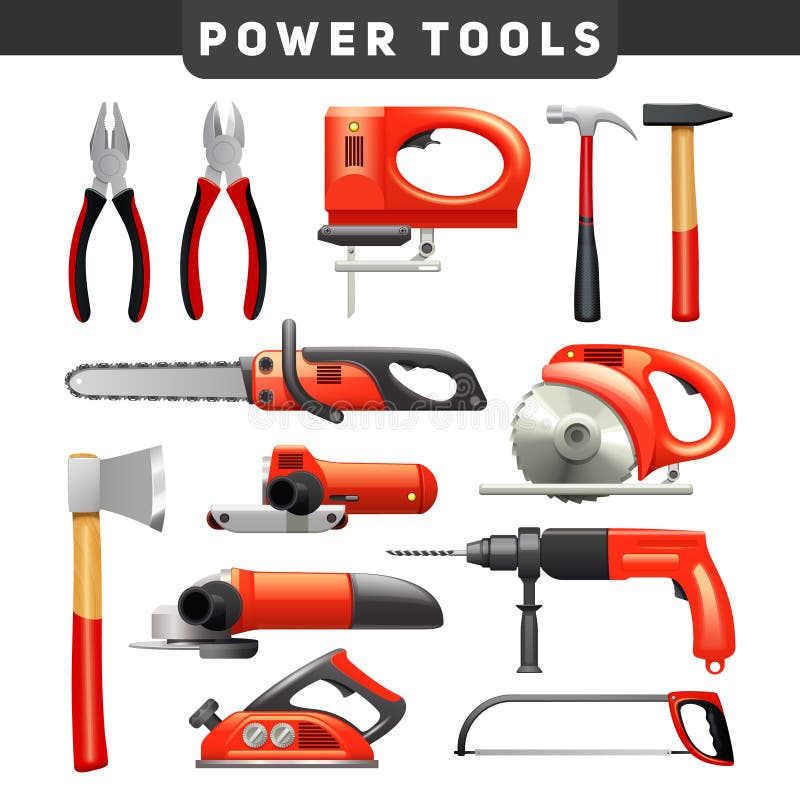 Electric and mechanical power carpenter worker tools flat pictograms set in red and black abstract vector illustration. Electric and mechanical power carpenter worker tools flat pictograms set in red and black abstract vector illustration