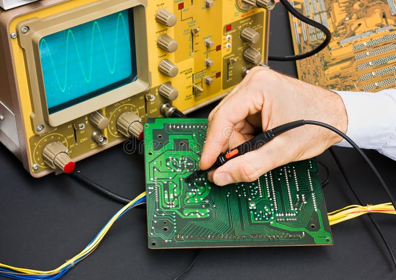 Testing electronic card with oscilloscope - repair electronics components - electronics services laboratory. Testing electronic card with oscilloscope - repair electronics components - electronics services laboratory