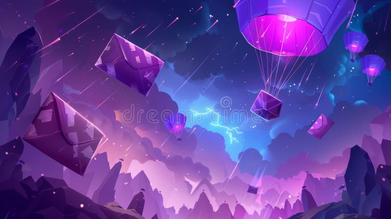 An email marketing company sending notifications using an isometric concept modern illustration. Paper planes and parachutes, unread messages, an ultraviolet website for email marketing, and an. AI generated. An email marketing company sending notifications using an isometric concept modern illustration. Paper planes and parachutes, unread messages, an ultraviolet website for email marketing, and an. AI generated