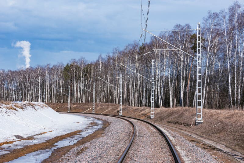 Electrified railway line at winter day time. Electrified railway line at winter day time