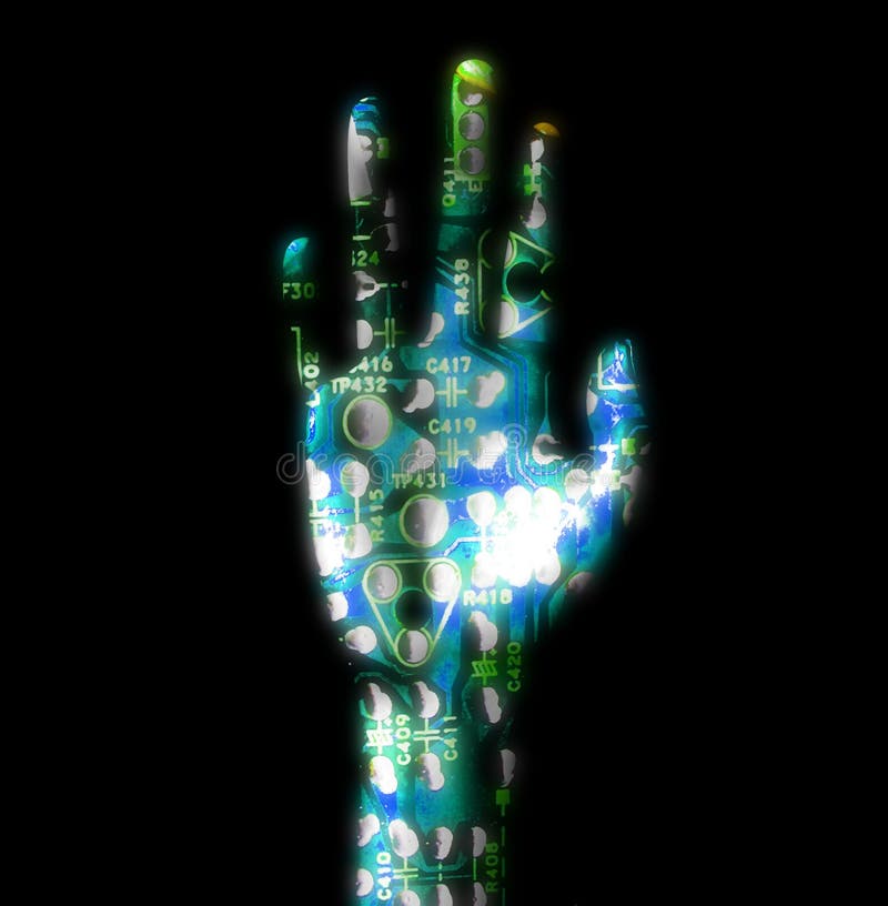 This is a printed circuit bored in the shape of a hand. This is a printed circuit bored in the shape of a hand.