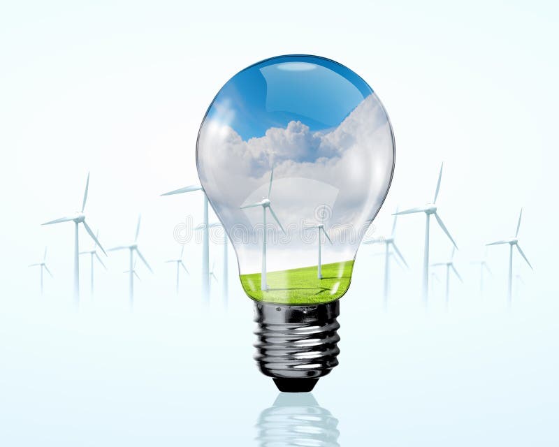 Electric bulb and windmill generators. Renewable energy concept. Electric bulb and windmill generators. Renewable energy concept