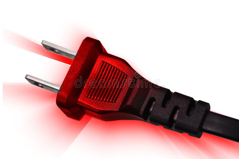 Two-pronged electric extension cord plug on white background casting a red glow. Two-pronged electric extension cord plug on white background casting a red glow.