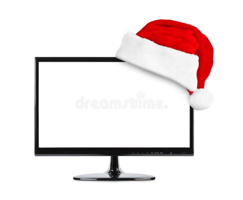 TV and Santa Claus red christmas hat isolated on white background. TV and Santa Claus red christmas hat isolated on white background