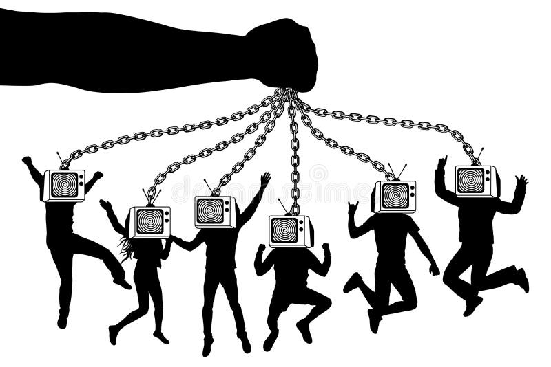 电视的人 手拿着人蛇神人群有电视的 皇族释放例证