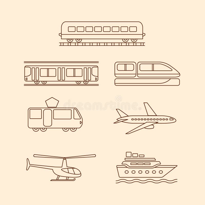 Transportation icons of tram, subway, train, airplane, helicopter, ship vector illustration. Transportation icons of tram, subway, train, airplane, helicopter, ship vector illustration