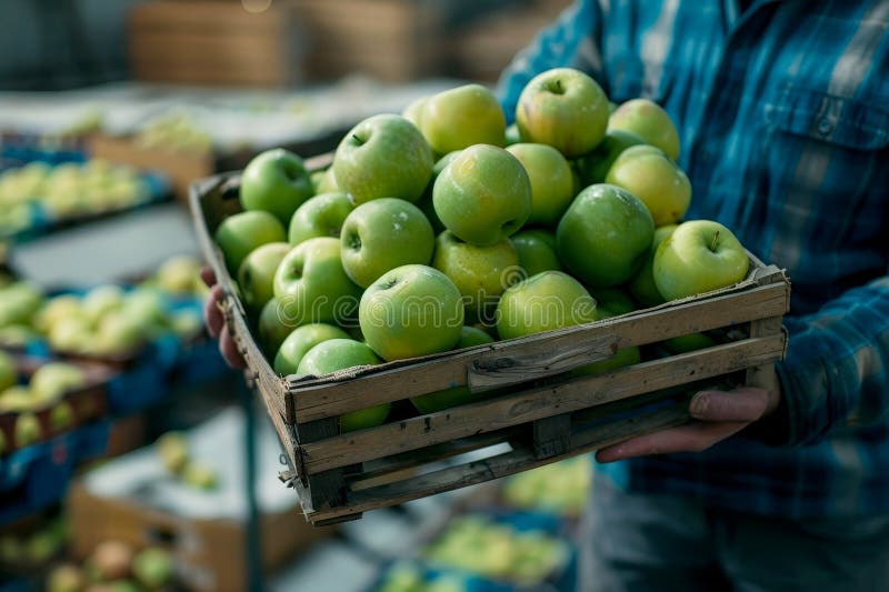 A man is holding a basket of green apples. ai generative. AI generated. A man is holding a basket of green apples. ai generative. AI generated