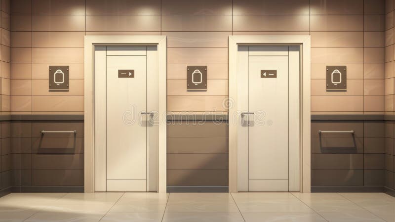 Male and female visitor entrances to a public restroom. Two white doors with metal handles and a man or woman black pictogram. Office bathroom gender concept, realistic 3D modern illustration.. AI generated. Male and female visitor entrances to a public restroom. Two white doors with metal handles and a man or woman black pictogram. Office bathroom gender concept, realistic 3D modern illustration.. AI generated