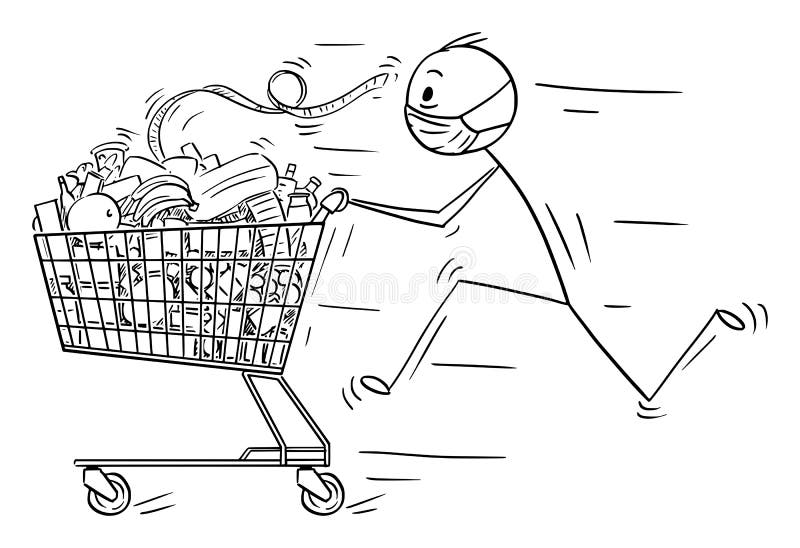 Vector cartoon stick figure drawing conceptual illustration of man wearing face mask running and pushing shopping cart with food from grocery shop or supermarket. Coronavirus COVID-19 epidemic concept. Vector cartoon stick figure drawing conceptual illustration of man wearing face mask running and pushing shopping cart with food from grocery shop or supermarket. Coronavirus COVID-19 epidemic concept.