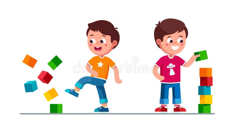 男孩玩玩具方块塔 向量例证
