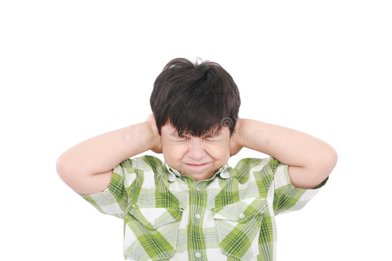 Little boy closing his eyes and ears with his hands, isolated on white. Little boy closing his eyes and ears with his hands, isolated on white