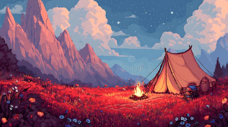 画像画景描绘了一个宁静的露营地，在一片充满活力的红场中. 一个大帐篷 向量例证