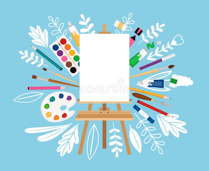 Easel for painting workshop. Paint artists workspace concept, vector painter worker artistic design studio canvas and picture image materials, painting background. Easel for painting workshop. Paint artists workspace concept, vector painter worker artistic design studio canvas and picture image materials, painting background