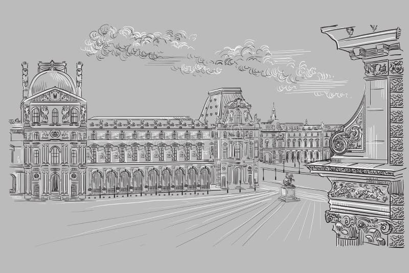 Vector hand drawing Illustration of Louvre museum Paris, France. Landmark of Paris. Cityscape with Louvre museum. Vector hand drawing illustration in black and white colors isolated on grey background. Vector hand drawing Illustration of Louvre museum Paris, France. Landmark of Paris. Cityscape with Louvre museum. Vector hand drawing illustration in black and white colors isolated on grey background