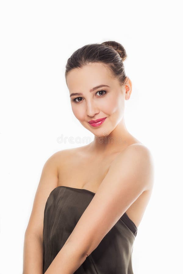 画象美丽,逗人喜爱,性感女孩,当微笑看照相机,特写镜头,收集的头发,软的构成,白色backgro 免版税库存照片