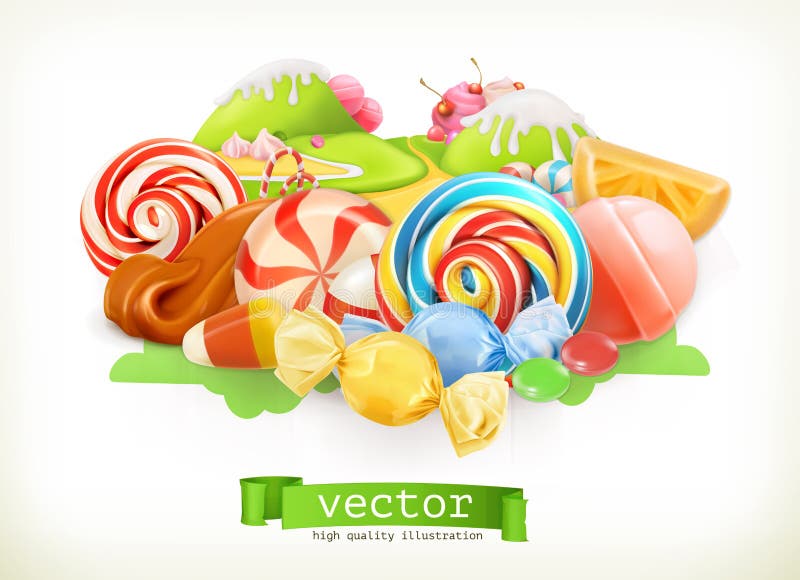 Sweet shop. Swirl candy, lollipop, caramel. Candy land. 3d vector illustration. Sweet shop. Swirl candy, lollipop, caramel. Candy land. 3d vector illustration