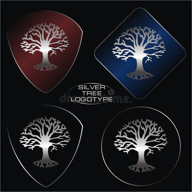 Set of four logos as silver tree on dark shields on black background. Set of four logos as silver tree on dark shields on black background