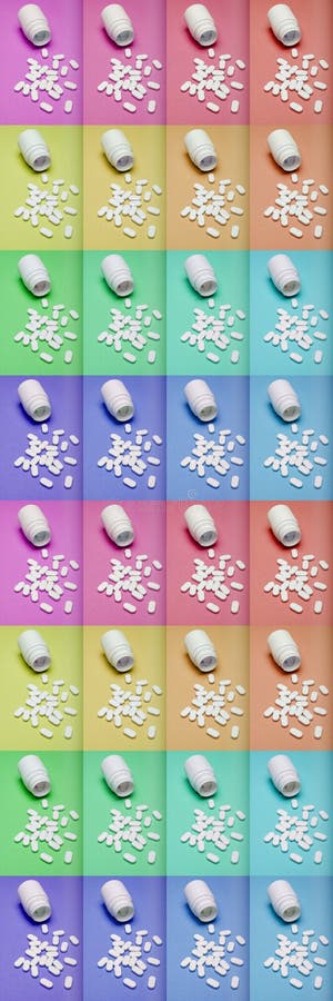 Medication bottle and white pills spilled on pastel coloured backgrounds. Medication and prescription pills flat lay background. Creative Opioid epidemic concept. Medication bottle and white pills spilled on pastel coloured backgrounds. Medication and prescription pills flat lay background. Creative Opioid epidemic concept.