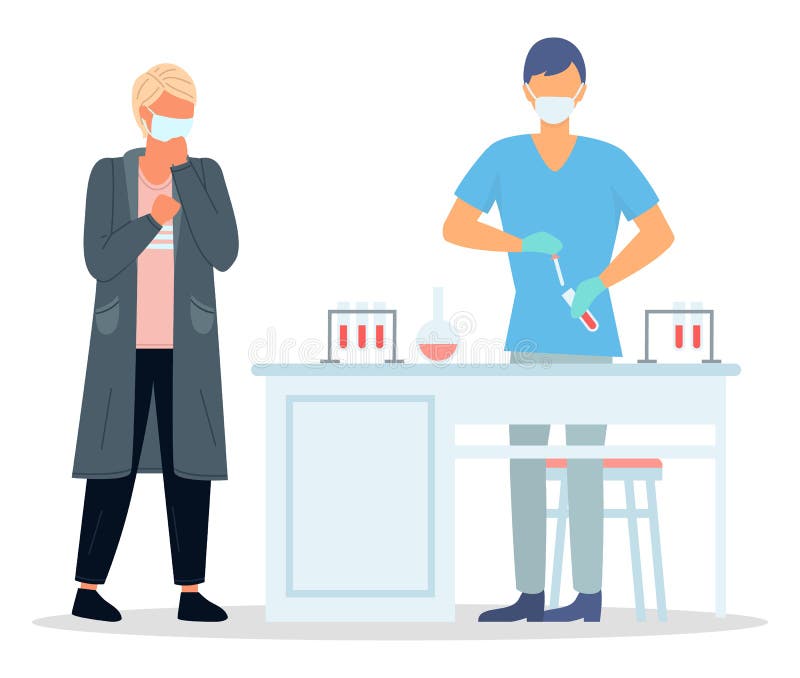 Unhealthy patient taket virus test in medical laboratory. Laboratory assistant holding test tubes with a blood in hands. Viral epidemic. Virus vaccine development. Cartoon characters in flat style. Unhealthy patient taket virus test in medical laboratory. Laboratory assistant holding test tubes with a blood in hands. Viral epidemic. Virus vaccine development. Cartoon characters in flat style