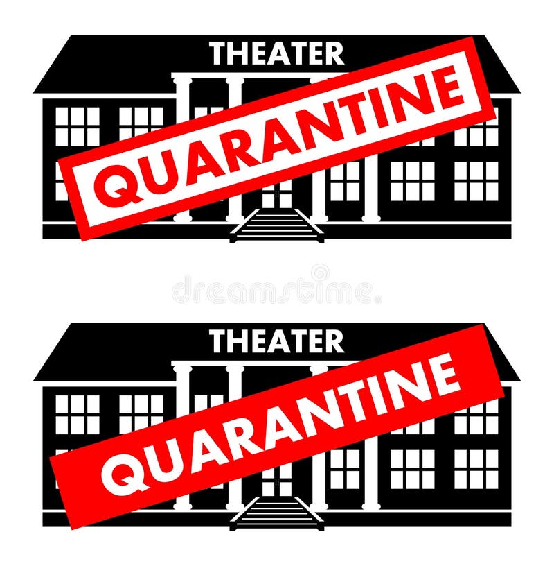 Virus concept. Quarantine sign on the background of theater building isolated on white background. Virus, infection, epidemic, quarantine. Vector illustration. Virus concept. Quarantine sign on the background of theater building isolated on white background. Virus, infection, epidemic, quarantine. Vector illustration.