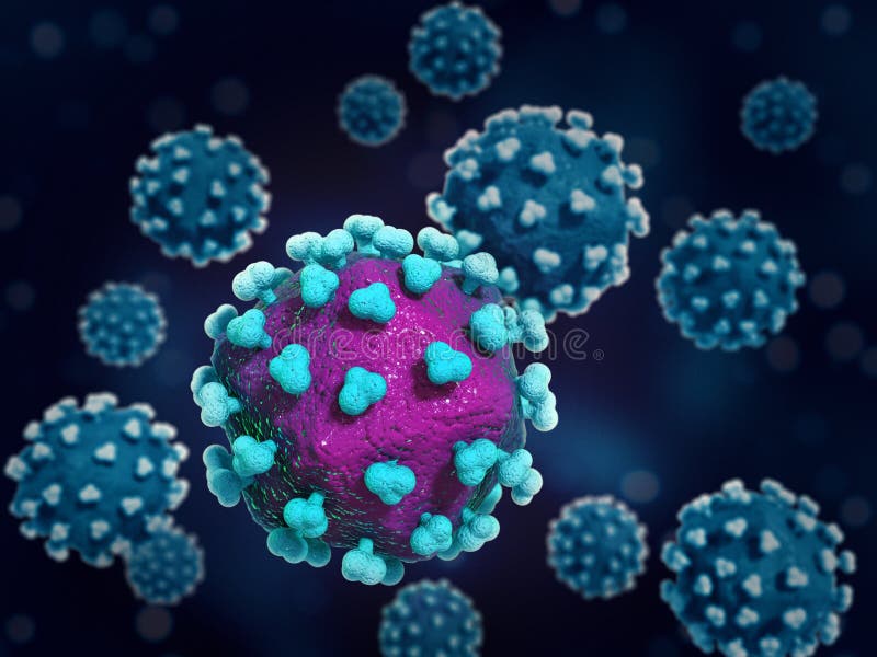 Microscopic close-up macro of outbreak with pathogenic viruses and bacteria invading host organism causing infection and viral disease. 3D render CGI, duotone image with dark background. Microscopic close-up macro of outbreak with pathogenic viruses and bacteria invading host organism causing infection and viral disease. 3D render CGI, duotone image with dark background