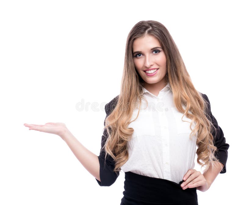 白种人妇女礼物在白色背景隔绝的某事 库存照片