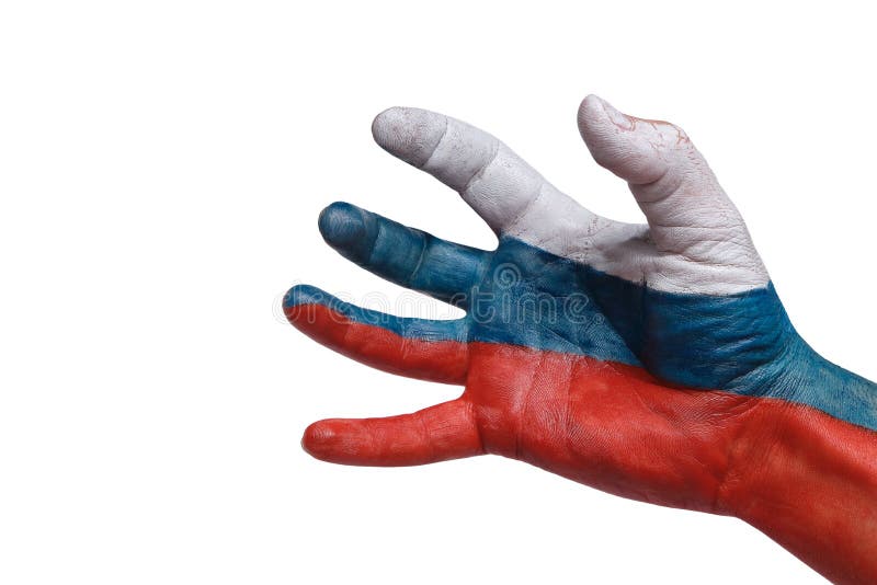 Man hand is painted in the colors Russian Federation on white background, white, blue and red. Man hand is painted in the colors Russian Federation on white background, white, blue and red.