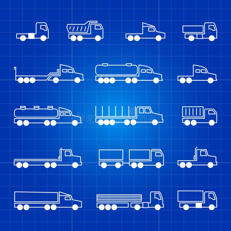 White truck line icons. Transportation vector outline isolated symbols in blue background illustration. White truck line icons. Transportation vector outline isolated symbols in blue background illustration