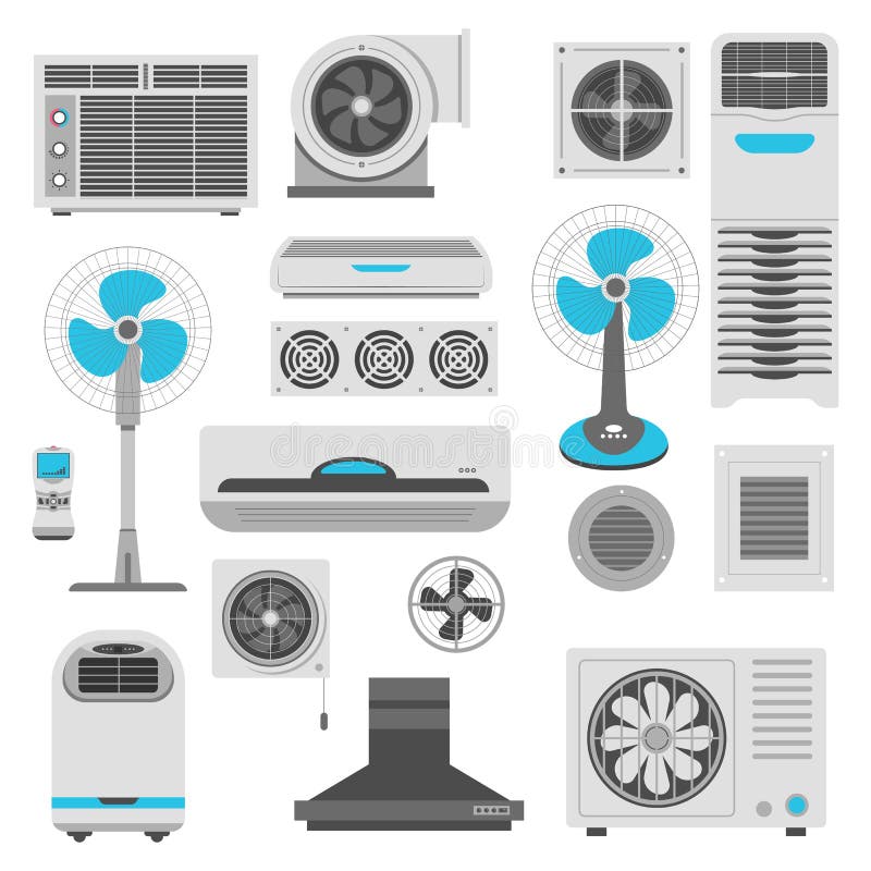 Air conditioners and ventilators set. Ceiling, column and portable AC unit, split system, electric fan, air purifier and kitchen range hood exhaust fan. Climate control equipment. Vector illustration. Air conditioners and ventilators set. Ceiling, column and portable AC unit, split system, electric fan, air purifier and kitchen range hood exhaust fan. Climate control equipment. Vector illustration.