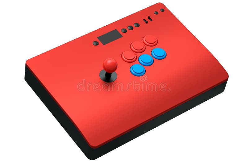 Vintage arcade stick with joystick and tournament-grade buttons on white background. 3D rendering of gaming machine and gamer workspace concept. Vintage arcade stick with joystick and tournament-grade buttons on white background. 3D rendering of gaming machine and gamer workspace concept