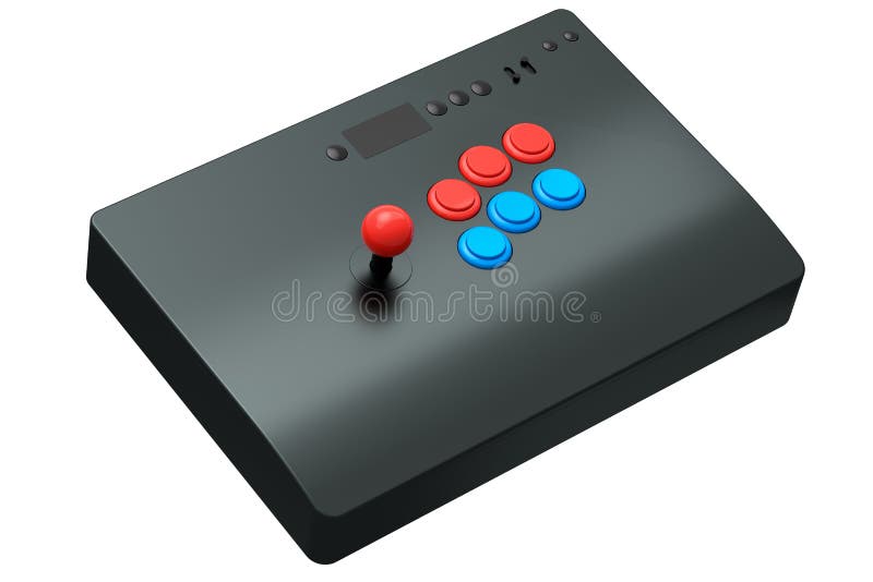 Vintage arcade stick with joystick and tournament-grade buttons on white background. 3D rendering of gaming machine and gamer workspace concept. Vintage arcade stick with joystick and tournament-grade buttons on white background. 3D rendering of gaming machine and gamer workspace concept