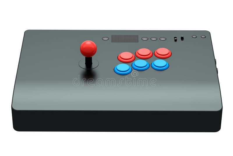 Vintage arcade stick with joystick and tournament-grade buttons on white background. 3D rendering of gaming machine and gamer workspace concept. Vintage arcade stick with joystick and tournament-grade buttons on white background. 3D rendering of gaming machine and gamer workspace concept