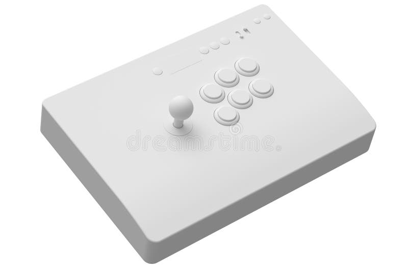 Vintage arcade stick with joystick and tournament-grade buttons isolated on white monochrome background. 3D render of gaming machine and gamer workspace concept. Vintage arcade stick with joystick and tournament-grade buttons isolated on white monochrome background. 3D render of gaming machine and gamer workspace concept