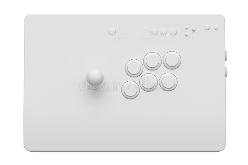 Vintage arcade stick with joystick and tournament-grade buttons isolated on white monochrome background. 3D render of gaming machine and gamer workspace concept. Vintage arcade stick with joystick and tournament-grade buttons isolated on white monochrome background. 3D render of gaming machine and gamer workspace concept