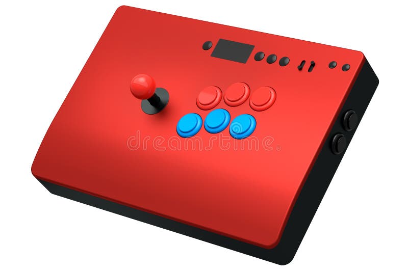 Vintage arcade stick with joystick and tournament-grade buttons on white background. 3D rendering of gaming machine and gamer workspace concept. Vintage arcade stick with joystick and tournament-grade buttons on white background. 3D rendering of gaming machine and gamer workspace concept