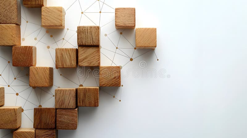 白色背景上形成概念网络的木块 皇族释放例证
