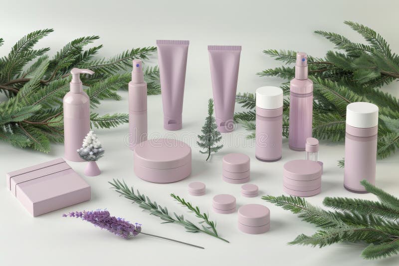 白色背景上摆放着柔和薰衣草护肤品，拥有宁静的顶视图 库存例证