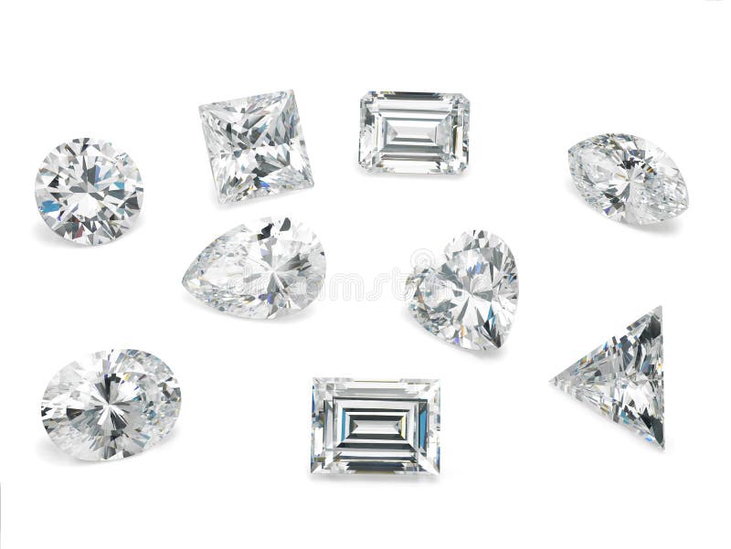 Loose Diamond Shapes Assorted on White Background including round, princess, emerald cut, marquise, pear, heart, oval, baguette and trilliant cut diamond shapes. Loose Diamond Shapes Assorted on White Background including round, princess, emerald cut, marquise, pear, heart, oval, baguette and trilliant cut diamond shapes.