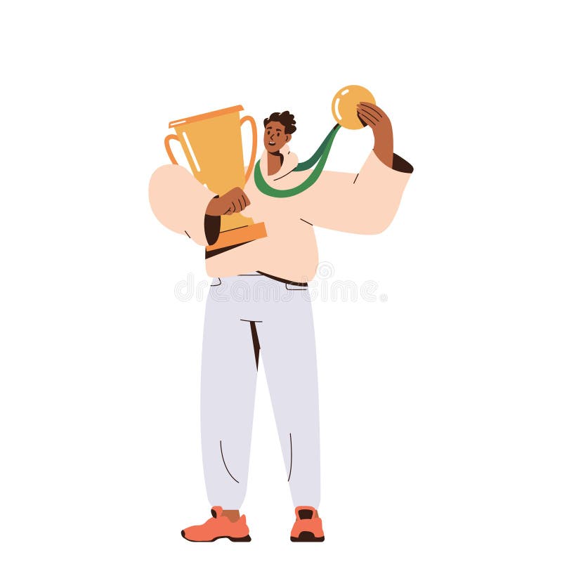 白色背景中举着奖杯和金奖的快乐青年人 向量例证