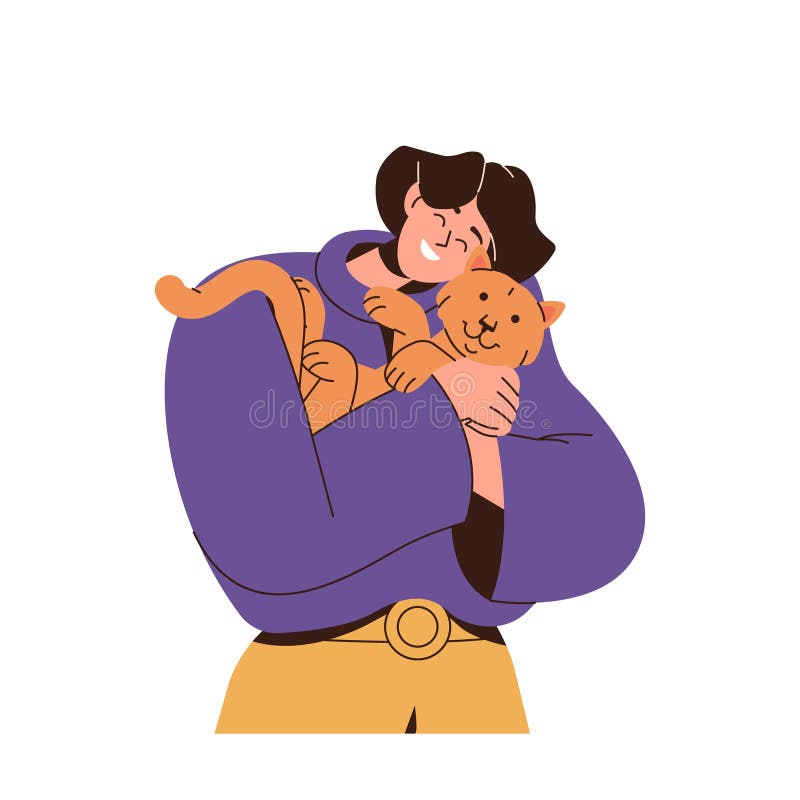 白色背景中双手上的孤立肖像中的猫，喜欢宠爱宠物的年轻女人 向量例证