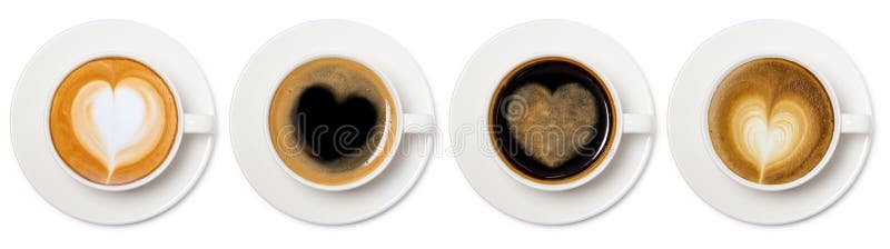 Coffee cup assortment with heart sign top view collection isolated on white background. Coffee cup assortment with heart sign top view collection isolated on white background.