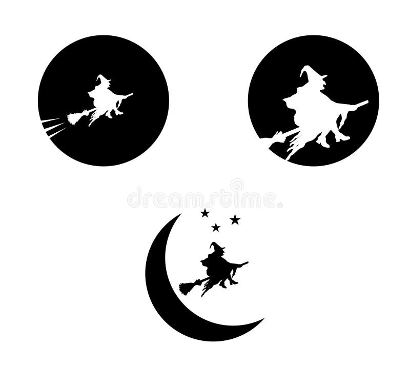 Black silhouette of three witches flying on a broom in the pale moonlight that is isolated on white background. Black silhouette of three witches flying on a broom in the pale moonlight that is isolated on white background.