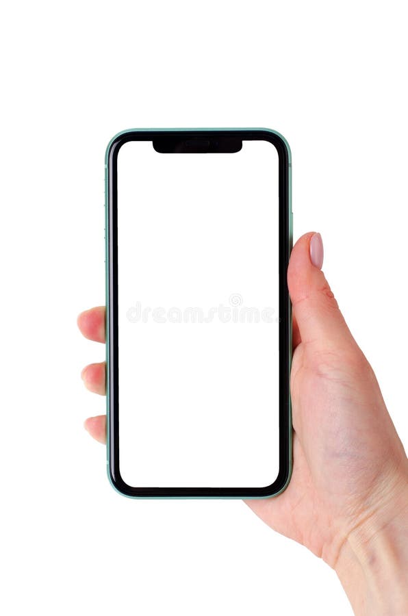 Moscow, Russia - January 18, 2020: Green Apple iPhone 11 mock up in a female hand isolated on a white background. Close-up of a new smartphone from Apple in a female hand. Moscow, Russia - January 18, 2020: Green Apple iPhone 11 mock up in a female hand isolated on a white background. Close-up of a new smartphone from Apple in a female hand