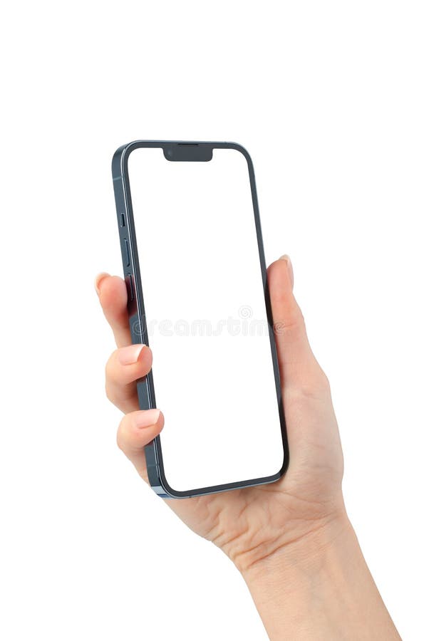 白色背景中突显的一只转型女性手的苹果iphone 13模型 库存照片
